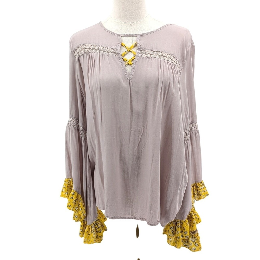 Boho Bell Sleeve Blouse Rayon Lace Floral Ruffle Peasant Gray Yellow Size M
